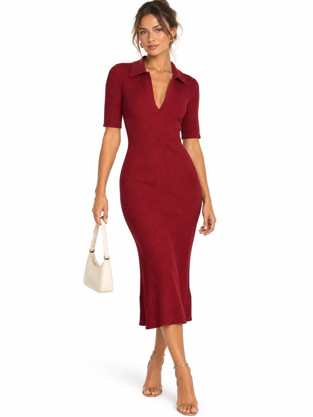 CAROLINE CONSTAS Burgundy Ribbed Midi Dress with Polo Neck Size L